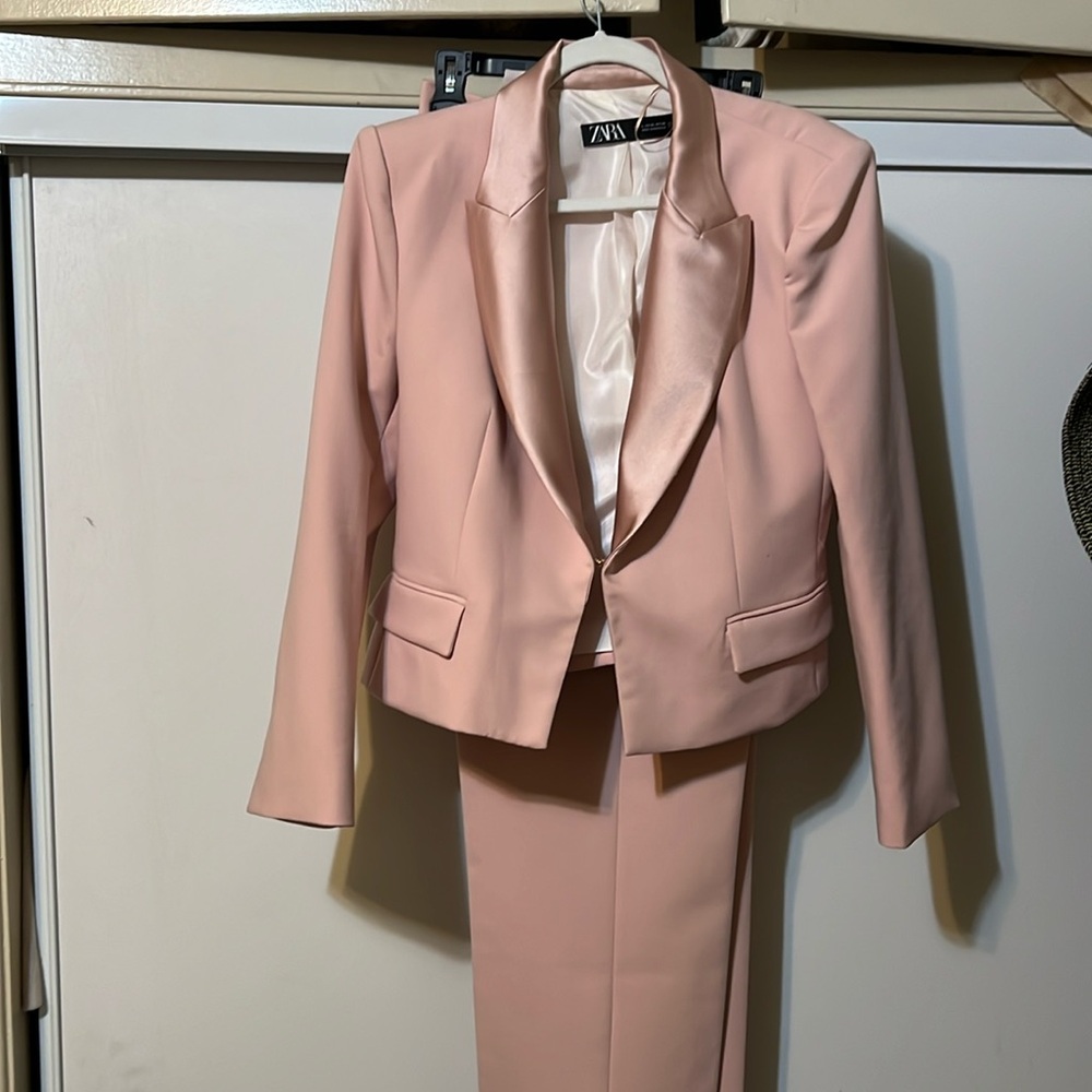 Peach in color, beautiful pantsuit, with satin lapel